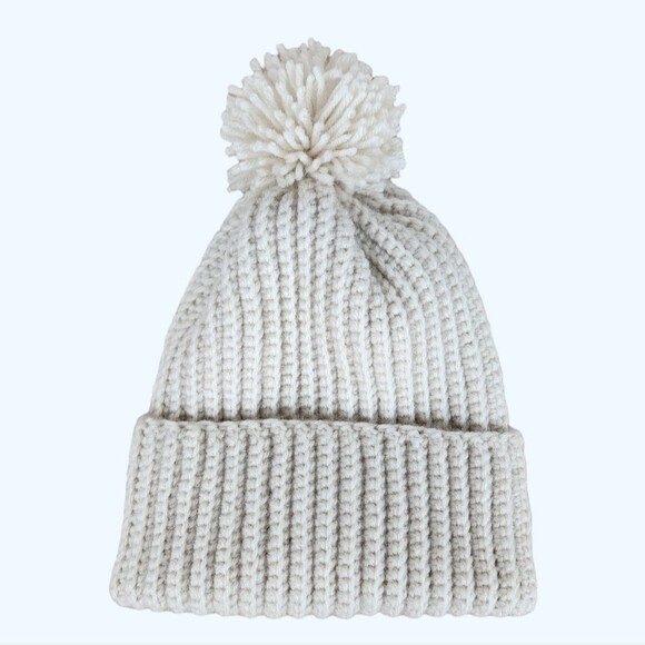 Crochet Handmade Chunky Ribbed Beanie Cream Pompom Warm Hat Cozy Cap - Picture 1 of 8